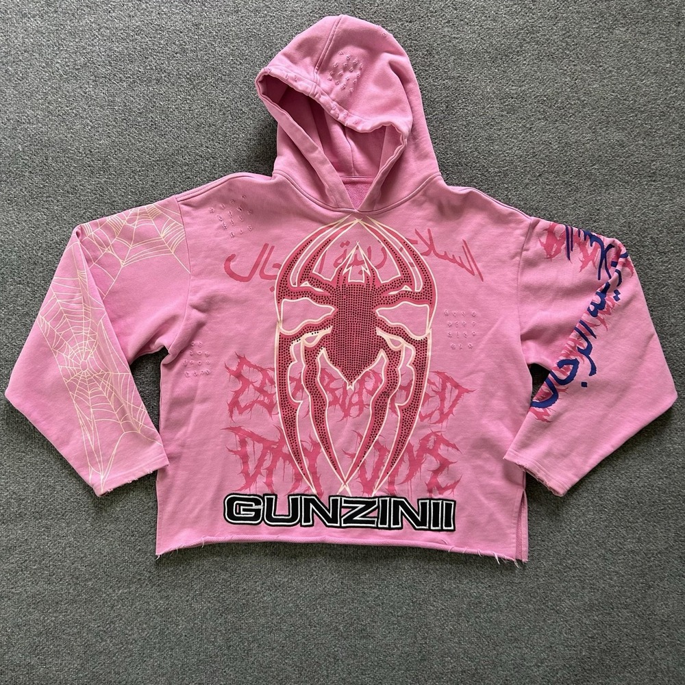 Gunzinii Hoodie Mens Large Pink Spider Web Graphic Pullover Fleece Sweatshirt